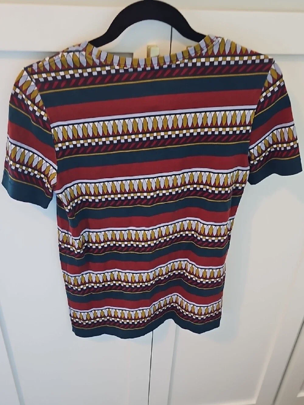 Tory Burch Striped Geometric Short Sleeve Tee in Burgundy, Navy & Mustard